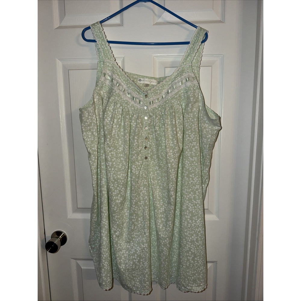 Eileen West Light Green White Floral Lacy Babydoll Nightgown Cotton 2X
